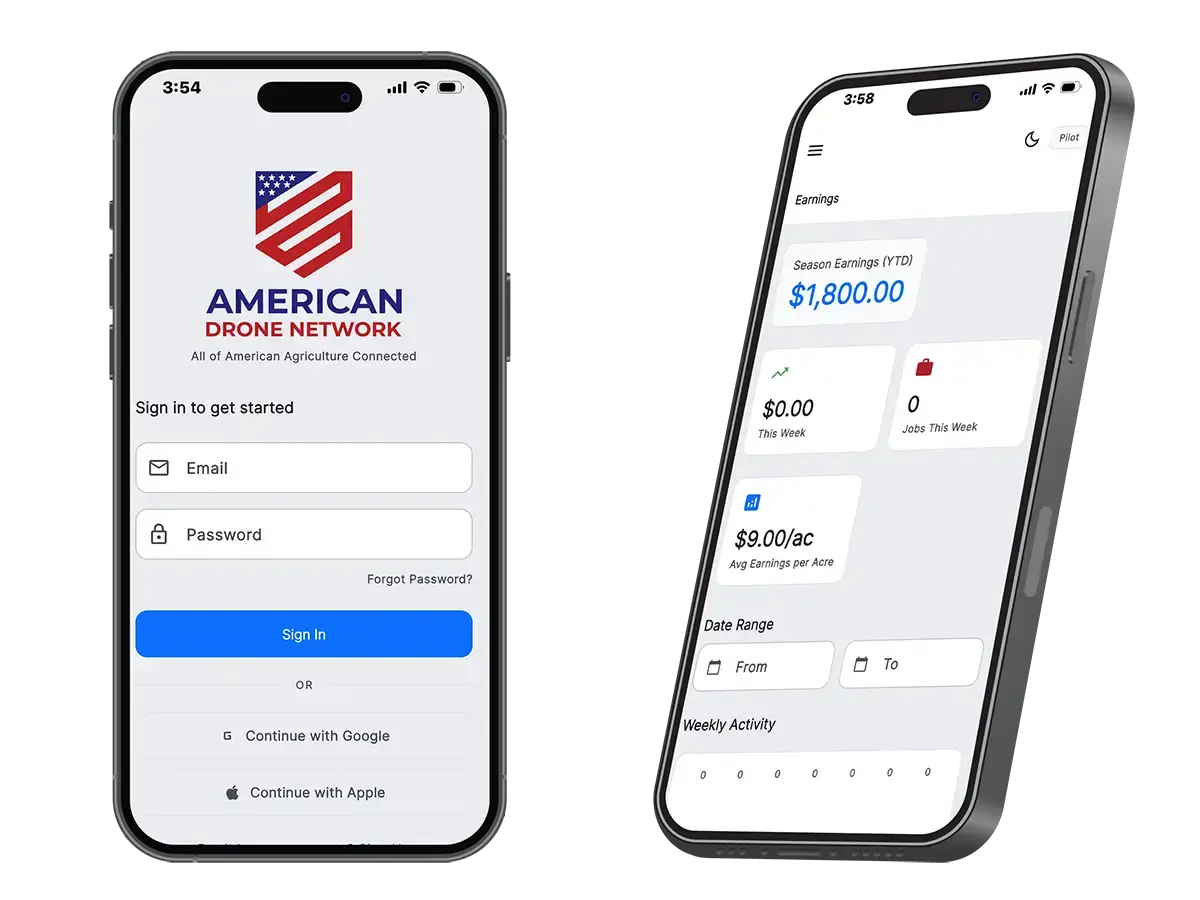 Two iPhone mockups showing the ADN pilot app login screen and earnings dashboard on a light background