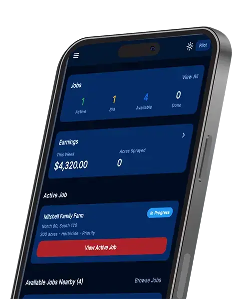 ADN mobile app home screen showing active job dashboard with $4,320 weekly earnings and a Mitchell Family Farm job in progress