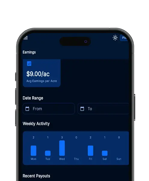 ADN mobile app earnings dashboard showing $9.00 per acre average earnings and weekly activity charts