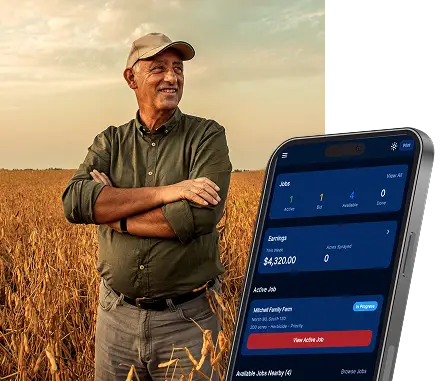 Farmer in a golden crop field with ADN farmer app dashboard overlay showing available drone service jobs nearby