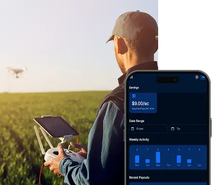 Drone pilot in a crop field with ADN pilot app earnings screen overlay showing drone job income
