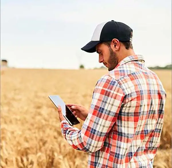 Farmer using agricultural technology tablet in harvested grain field - agtech and data solutions for drone operations